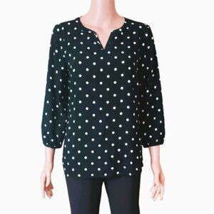 Talbots Black Polka Dot Top MP  Slit Neck 3/4 Sleeve Black & White Blouse